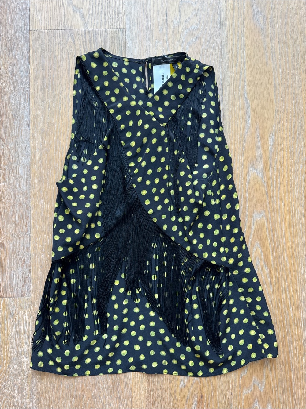 BCBGMaxAzria Black Top with Yellow Dots and Fringe